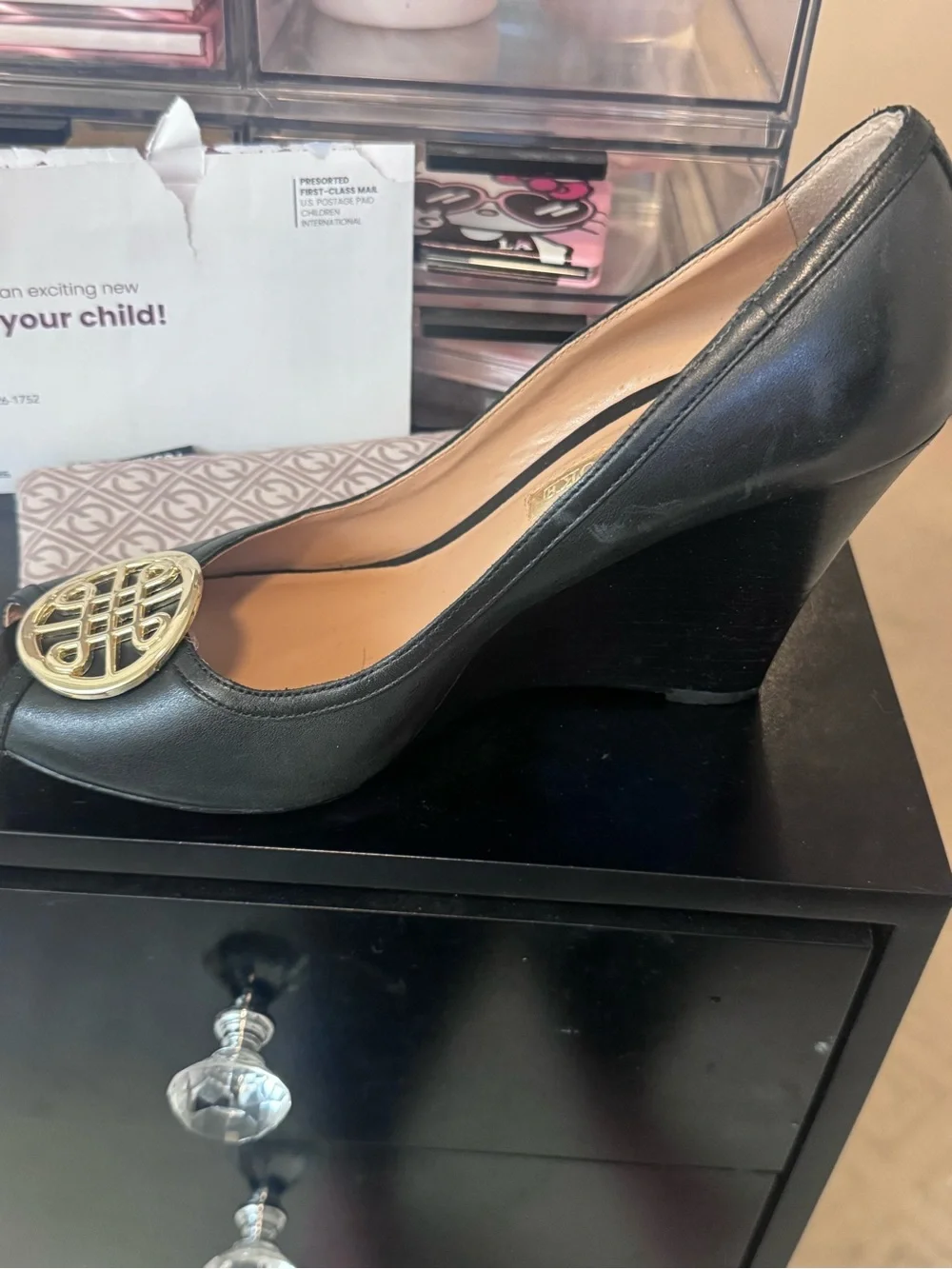Classic Black Wedge Pump with Gold Emblem